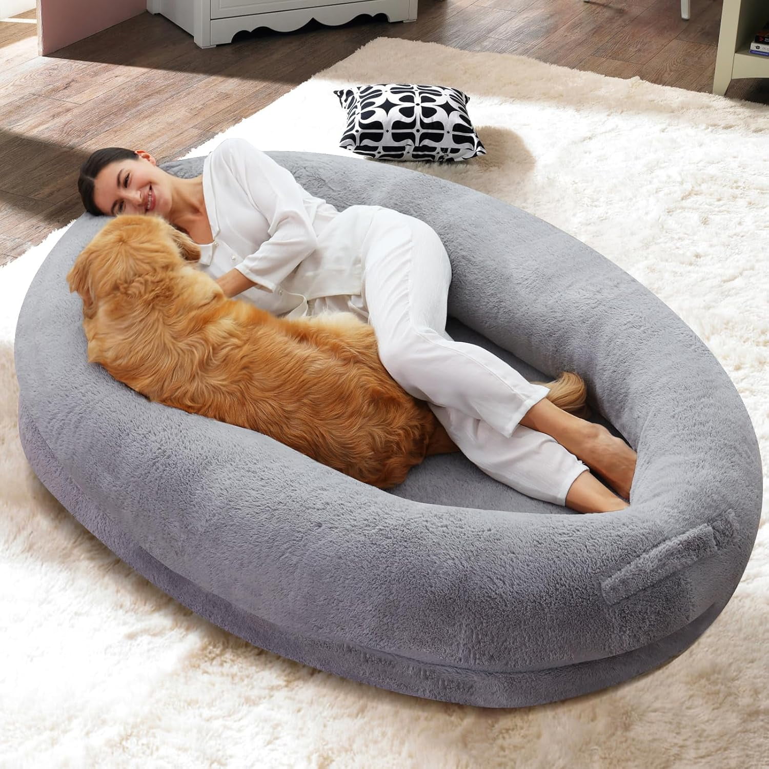 A calm room shared by a person and dog
